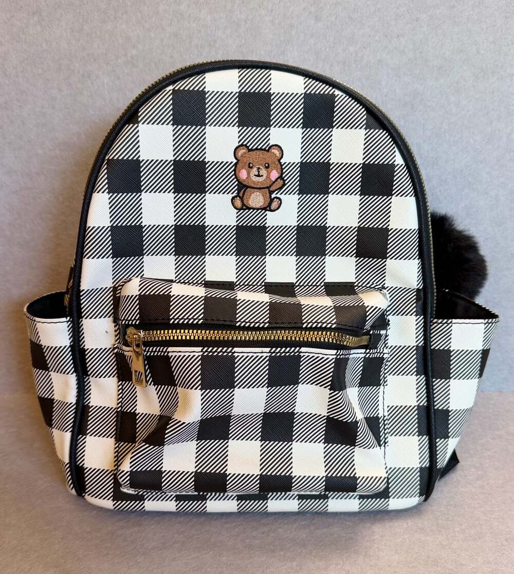 Like Dreams Grizzly Teddy Bear Mini Backpack Black White Plaid Pom Pom